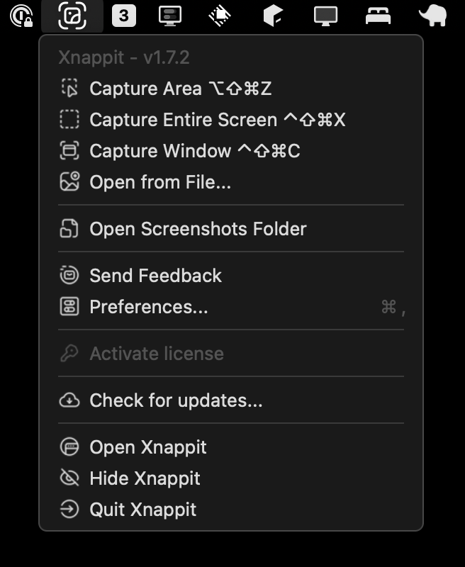 An image describing Xnappit's menubar, with a plethora of features.